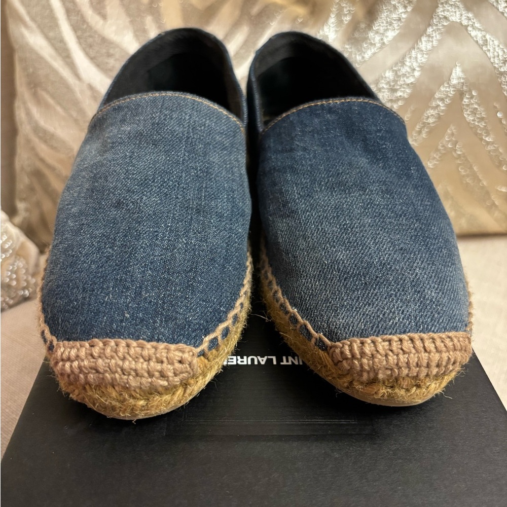 💯 Authentic Saint Laurent Denim Espadrilles Gold Logo